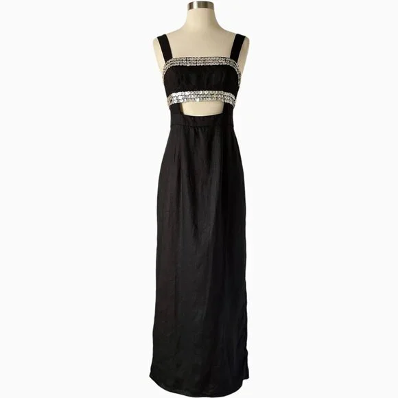 STAUD Mickey Dress 2 Black Linen Sequin Cutout Maxi Dress Evening - Picture 10 of 10